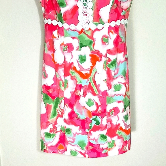 Sundress Lined Floral Print stretch midi lace trim Pink White Zipper Sheath EUC - Picture 3 of 9